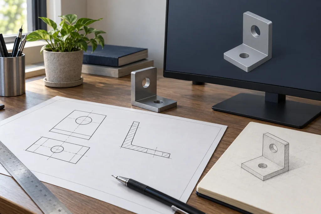 Minh họa AI: bản vẽ hình chiếu, mặt cắt và mô hình CAD của cùng một chi tiết