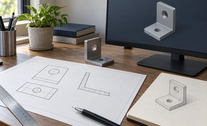 Minh họa AI: bản vẽ hình chiếu, mặt cắt và mô hình CAD của cùng một chi tiết