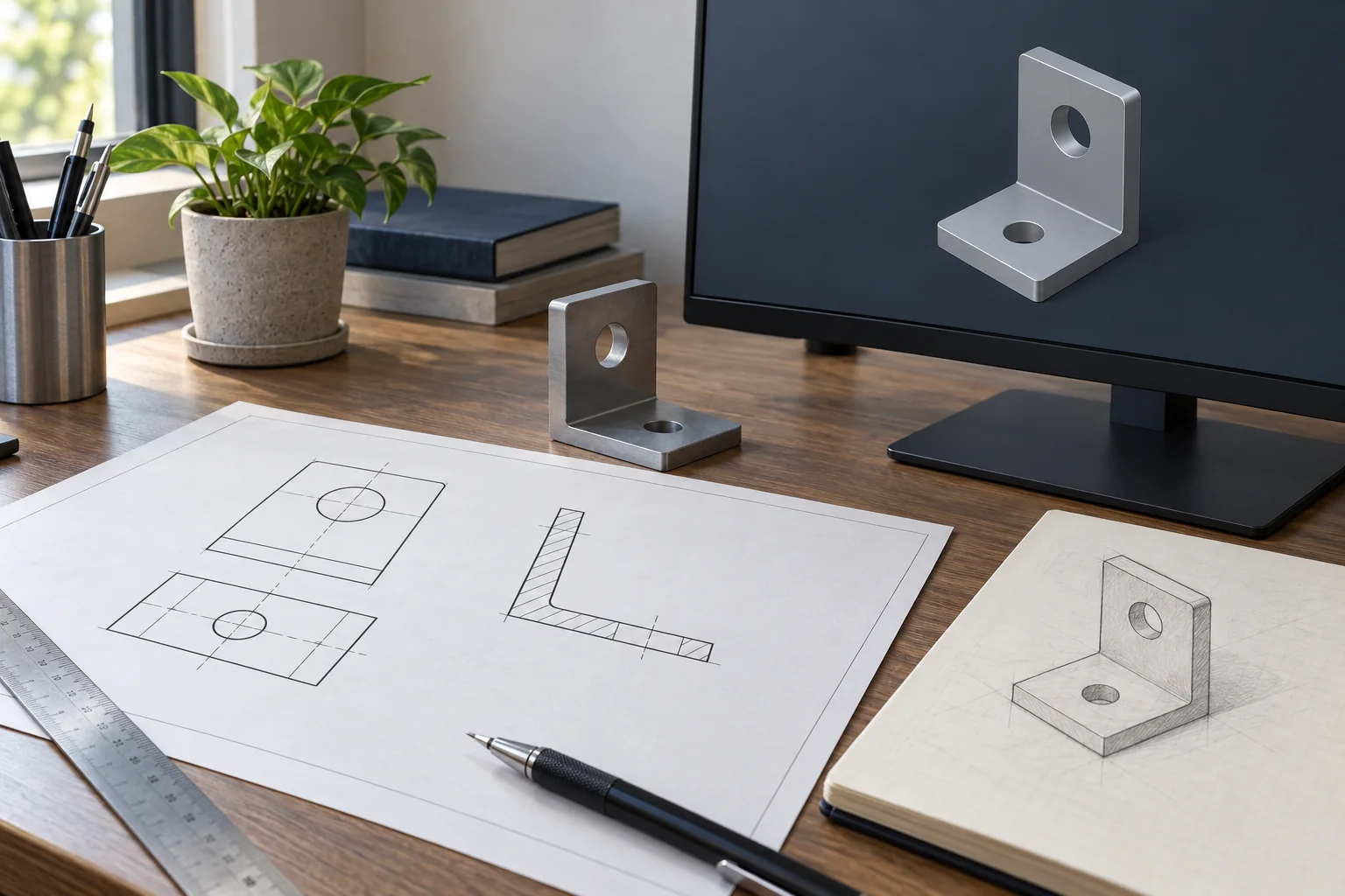 Minh họa AI: bản vẽ hình chiếu, mặt cắt và mô hình CAD của cùng một chi tiết